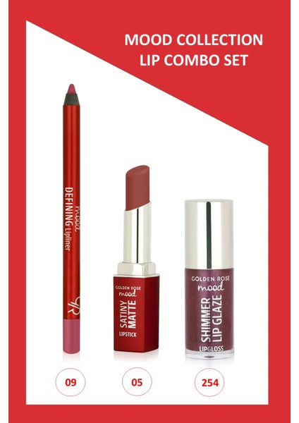 Mood Lip Combo Set - Defining Dudak Kalemi No:09 - Satiny Matte Ruj No:05 - Shimmer Dudak Parlatıcısı NO:254
