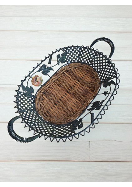Vintage Metal Ferforje Hasırlı Kulplu Sepet & 47 x 30 cm