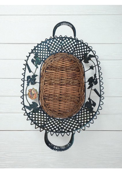 Vintage Metal Ferforje Hasırlı Kulplu Sepet & 47 x 30 cm fiyatları