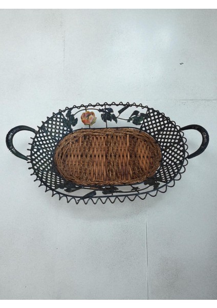 Vintage Metal Ferforje Hasırlı Kulplu Sepet & 47 x 30 cm modelleri