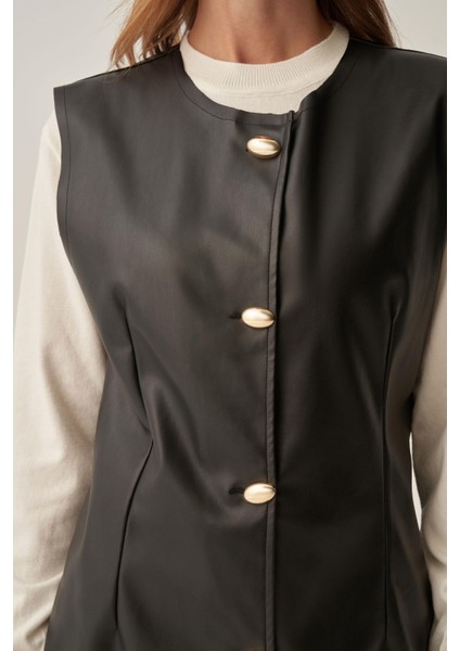 Siyah-Gold Düğmeli Süetli Deri Yelek indirimleri