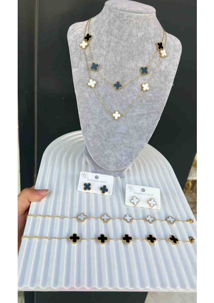 Gold Yonca Model Siyah Beyaz Kolye ve Bileklik Ikili Takım