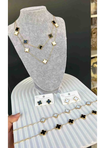 Gold Yonca Model Siyah Beyaz Kolye ve Bileklik Ikili Takım modelleri