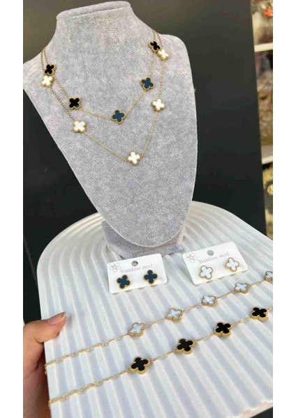 Gold Yonca Model Siyah Beyaz Kolye ve Bileklik Ikili Takım fırsatları