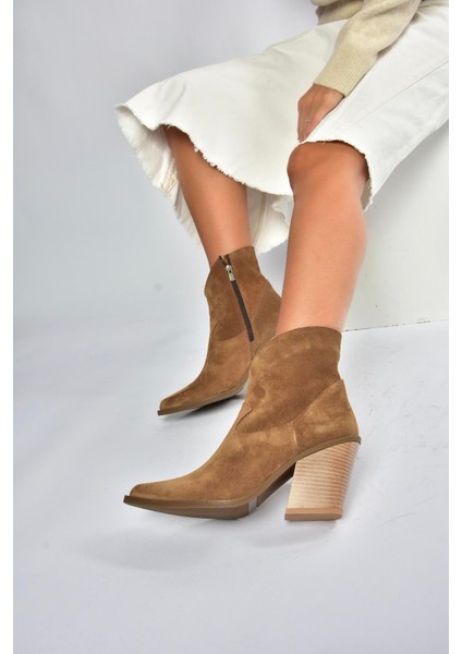 V654081902 Taba Hakiki Deri Süet Kalın Topuklu Western Kovboy Kadın Bot fiyatları