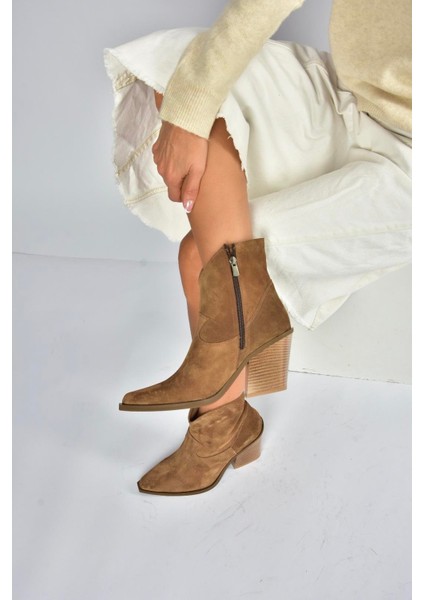 V654081902 Taba Hakiki Deri Süet Kalın Topuklu Western Kovboy Kadın Bot fırsatları