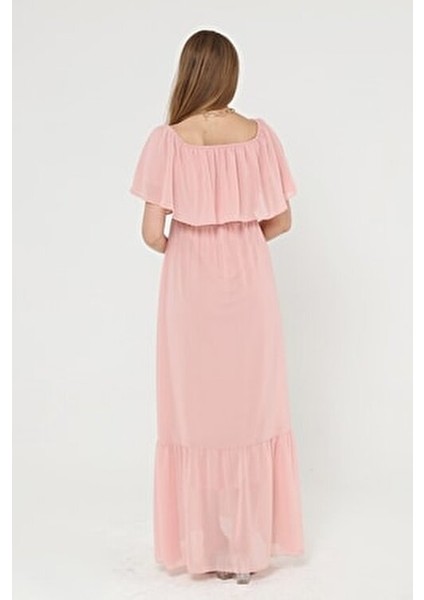 Şifon Hamile Elbise Uzun Kol Klasik Carmen Yaka Şık Tasarım Pembe Renk modelleri