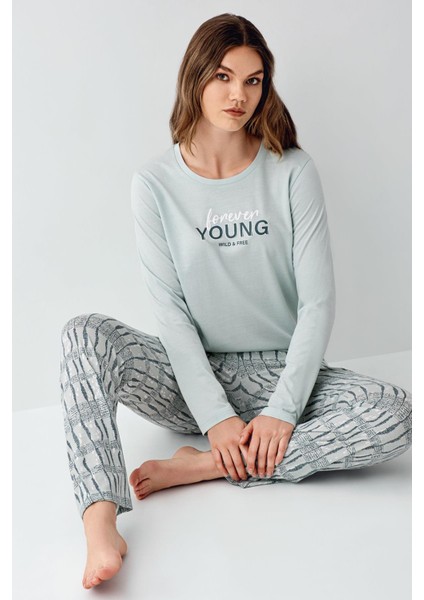 Kadın Açık Yeşil Mevsimlik Pijama Takım, %50 Modal %50 Pamuk