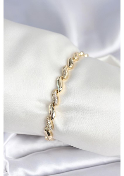 Pirinç Gold Renk Zirkon Taşlı Sarmal Model Kadın Bileklik - PRT3500EB09101