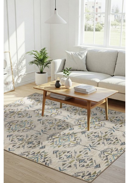 Nora Bej / Yeşil Etnik Desenli Dokuma Tabanlı Modern Şönil Halı Al 506