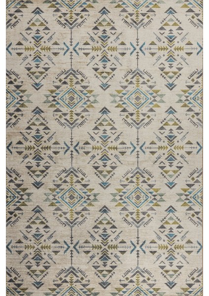 Nora Bej / Yeşil Etnik Desenli Dokuma Tabanlı Modern Şönil Halı Al 506 fiyatları