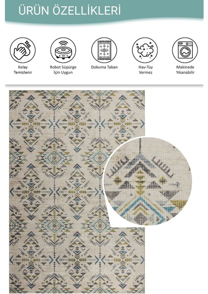 Nora Bej / Yeşil Etnik Desenli Dokuma Tabanlı Modern Şönil Halı Al 506 fırsatları