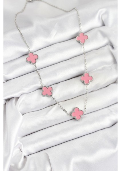 316L Çelik Zincir Gümüş Pembe Renk Yonca Kadın Kolye - PRT3500EB08939 fiyatları