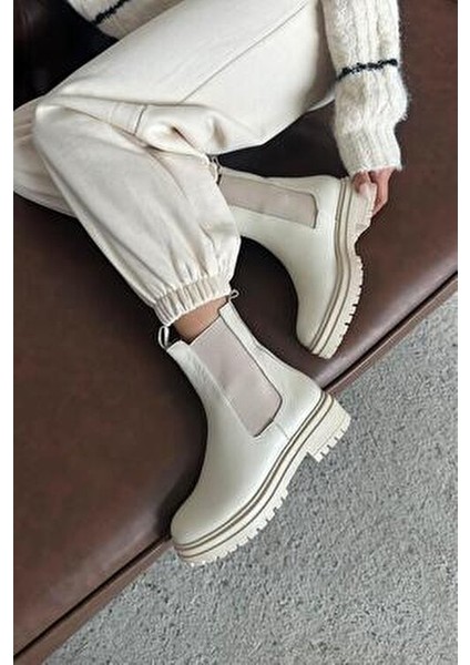 Helen Kadın Lastik Detay Hakiki Deri Postal Bot Bej