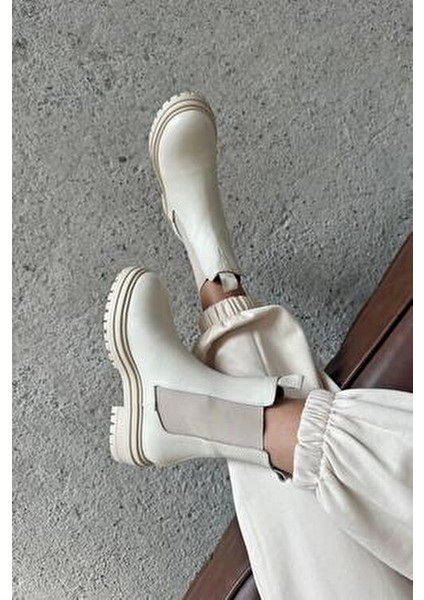 Helen Kadın Lastik Detay Hakiki Deri Postal Bot Bej modelleri