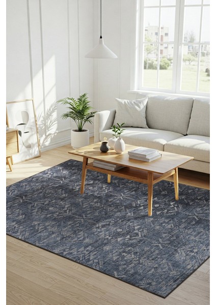 Nora Lacivert Etnik Desenli Dokuma Tabanlı Modern Şönil Halı Al 501