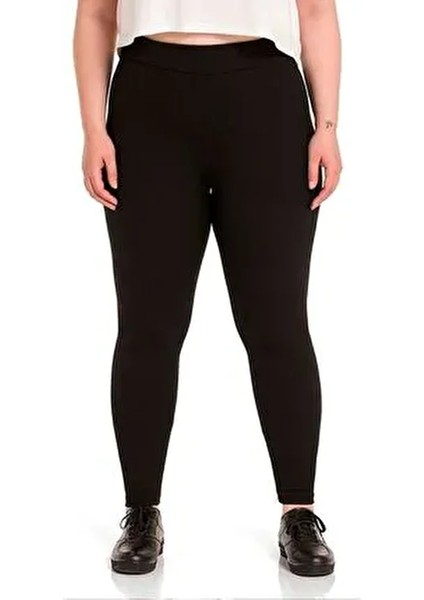 Kadın Büyük Beden Siyah Fitilli Yüksek Bel Tayt