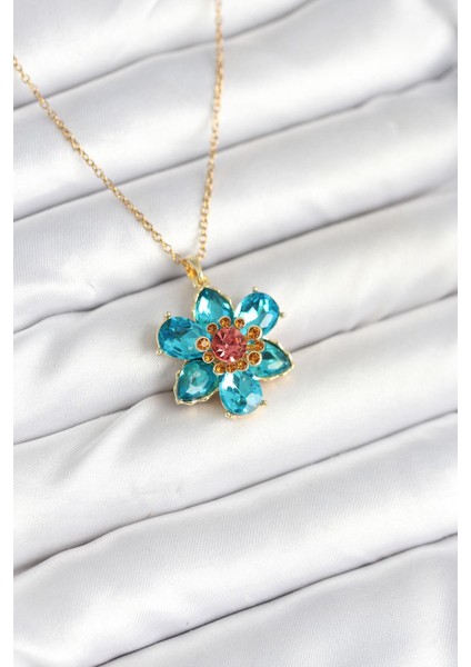 316L Çelik Zincirli Mavi Çiçek Model Kadın Kolye - PRT3500EB09089