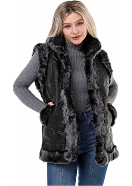 Tahiroğlu Deri Kadın Brisa Yelek %100 Hakiki Deri ve Kürk Detaylı Tasarım 2023