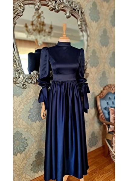 Lacivert Saten,kolları Bağcıklı,belde Büzgülü ,söz, Nişan,düğün Için Sade Tesettür Abiye