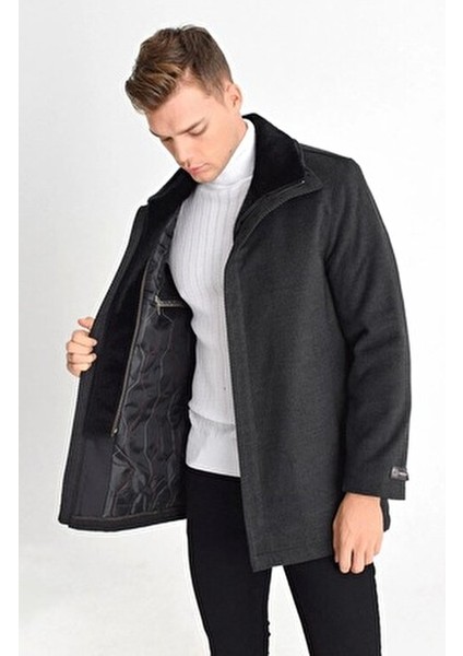 Erkek Füme Yün Karışımlı Kaşe Kürk Detaylı Yaka Rahat Kalıp Kaban