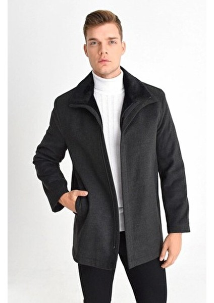 Erkek Füme Yün Karışımlı Kaşe Kürk Detaylı Yaka Rahat Kalıp Kaban modelleri