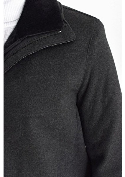 Erkek Füme Yün Karışımlı Kaşe Kürk Detaylı Yaka Rahat Kalıp Kaban indirimleri