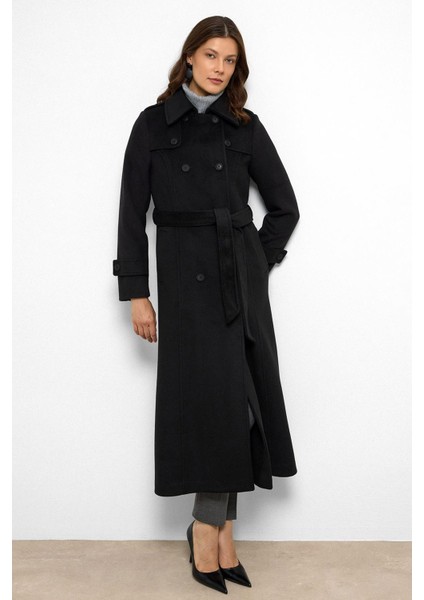 Pelerin Detaylı Kruvaze Uzun Boy Kaban Siyah 3087