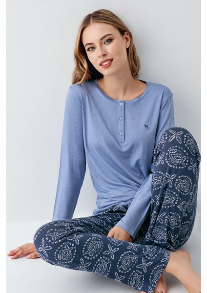 Kadın Koyu Indigo Düğmeli Yaka Mevsimlik Pijama Takım, %50 Modal %50 Pamuk