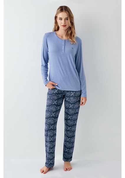 Kadın Koyu Indigo Düğmeli Yaka Mevsimlik Pijama Takım, %50 Modal %50 Pamuk fiyatları