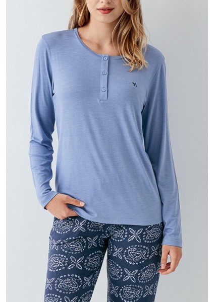 Kadın Koyu Indigo Düğmeli Yaka Mevsimlik Pijama Takım, %50 Modal %50 Pamuk modelleri