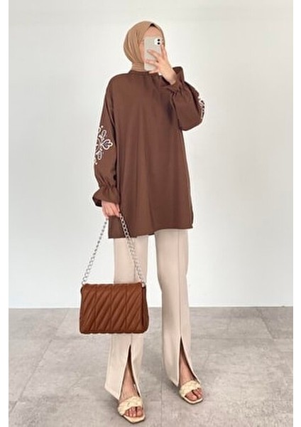 Kol Nakışlı Tunik Acı Acı Kahve