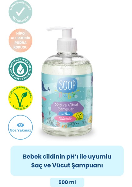Bebek Saç Ve Vücut Şampuanı 4 x 500 ml |Vegan Ve Hipoalerjenik Pudra Kokulu|Göz Yakmaz |Doğal ve Nazik