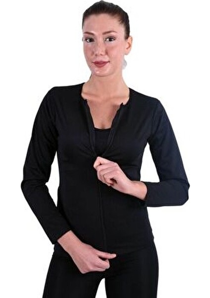 Kadın Siyah Termal Sauna Terleten Zayıflatan Fermuarlı Uzun Kol (Tek Üst)
