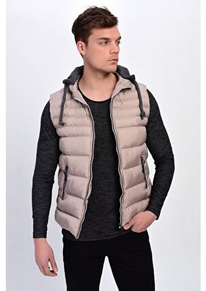 Erkek Gri Çıkarılabilir Kapüşonlu Şişme Yelek