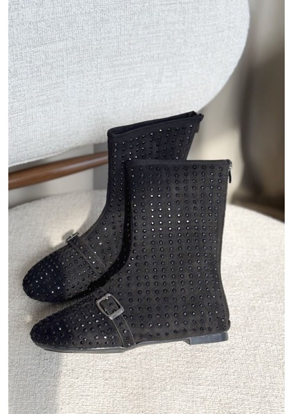 Kadın Geste Taşlı Düz Taban Bot - Siyah