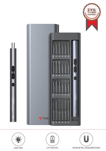 Tts-04 48 Parça Şarjlı Hassas Tornavida Seti – LED Işıklı, Mıknatıslı Alüminyum Kasa, Type-C