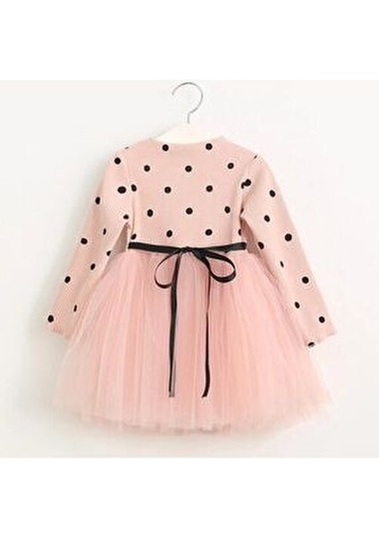 Linda Uzun Kol Kız Bebek Çocuk Prenses Kabarık Tütü Puantiyeli Esnek Likralı Somon Tütülü Elbise
