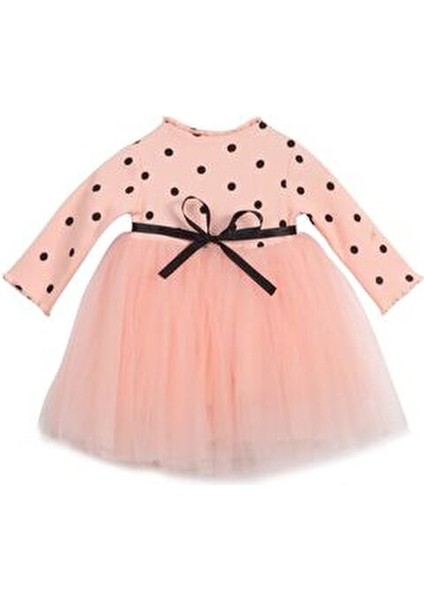 Linda Uzun Kol Kız Bebek Çocuk Prenses Kabarık Tütü Puantiyeli Esnek Likralı Somon Tütülü Elbise fiyatları
