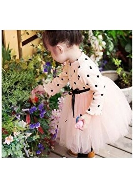 Linda Uzun Kol Kız Bebek Çocuk Prenses Kabarık Tütü Puantiyeli Esnek Likralı Somon Tütülü Elbise modelleri