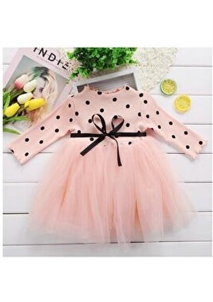 Linda Uzun Kol Kız Bebek Çocuk Prenses Kabarık Tütü Puantiyeli Esnek Likralı Somon Tütülü Elbise indirimleri