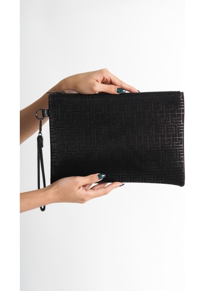 Saten Labirent Desenli Paris Kadın Clutch Çanta