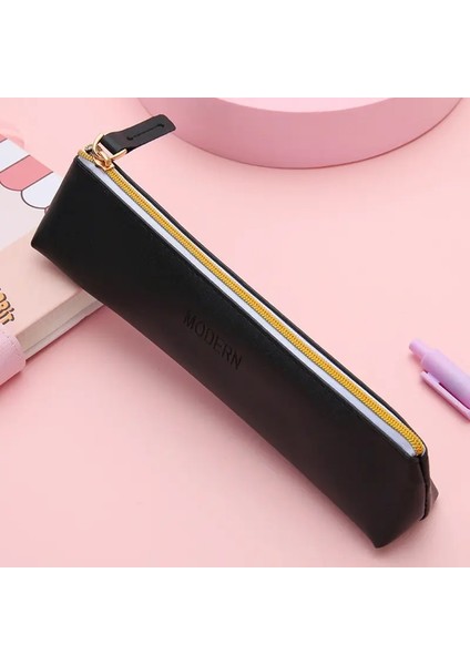 Yeni Pu Deri Fermuar Kalem Pencil Çanta Basit Vintage Renk Kılıfı Depolama Çantası Kalem Kırtasiye Okulu Mini Kalemler Çanta Renk: Siyah (Yurt Dışından)