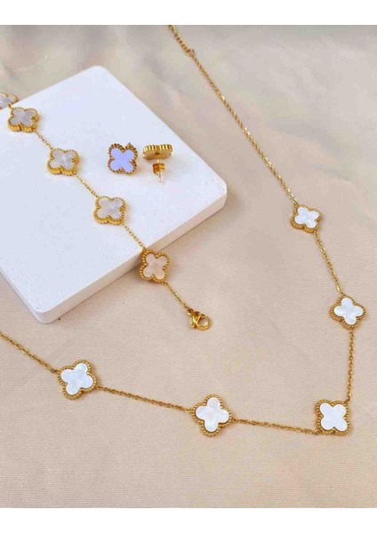 Gold Yonca Model Beyaz Küpe,kolye ve Bileklik Seti
