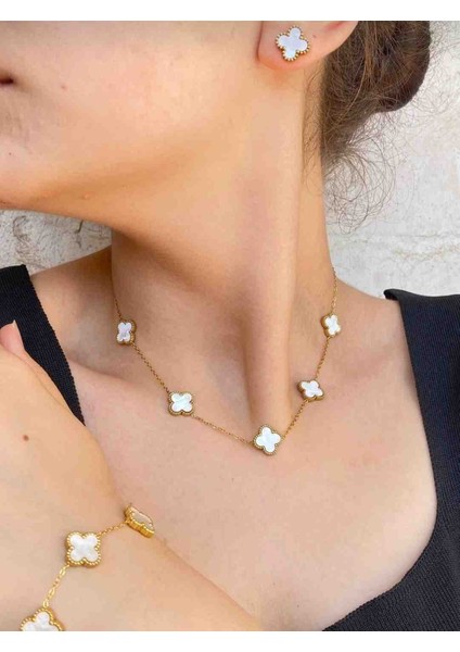 Gold Yonca Model Beyaz Küpe,kolye ve Bileklik Seti fiyatları
