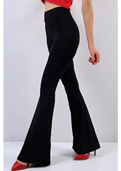 Kadın Siyah Likralı Ispanyol Paça Pantolon Slim Fit Konforlu Tasarım