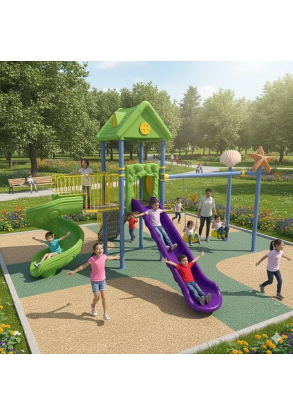Çocuk Oyun Parkı ENJ01900 - Iki Kaydıraklı Ev Temalı Model