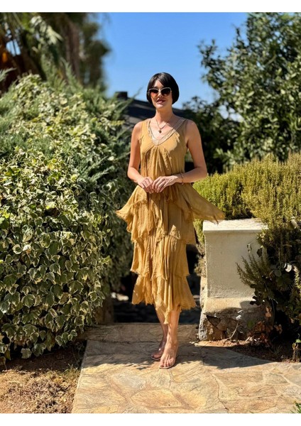 NC61460 Italyan Askılı Yaka Pullu Fırfırlı Ipek Elbise Camel fiyatları