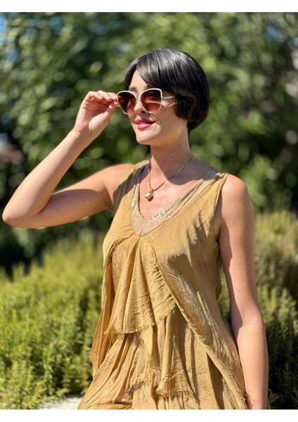 NC61460 Italyan Askılı Yaka Pullu Fırfırlı Ipek Elbise Camel fırsatları