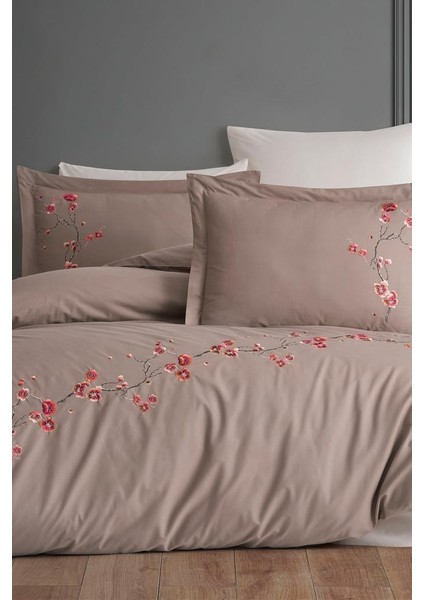 Sakura Nakışlı %100 Pamuk Çift Kişilik Nevresim Takımı Vizon